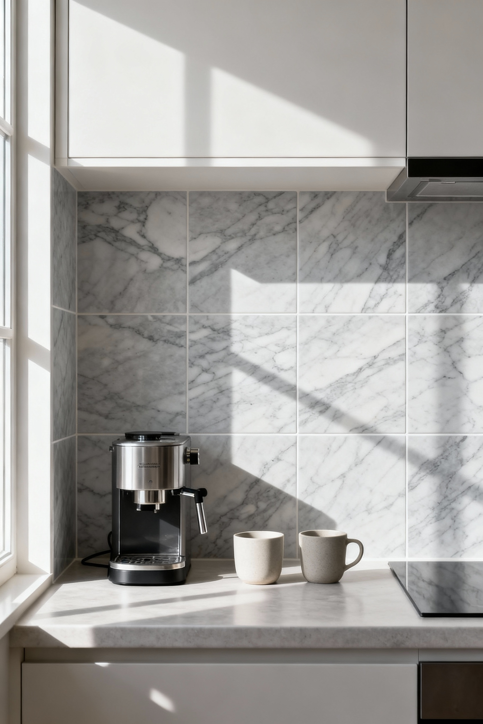 Peel-and-stick marble-look backsplash defining a coffee station zone above white countertop in rental kitchen.