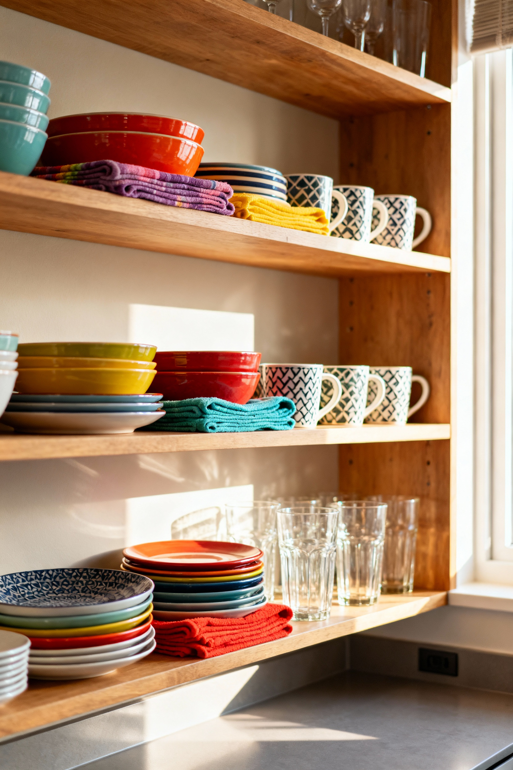 Open kitchen shelves displaying colorful ceramic plates, bowls, mugs, and patterned tea towels, creating a lively and personalized kitchen decor.