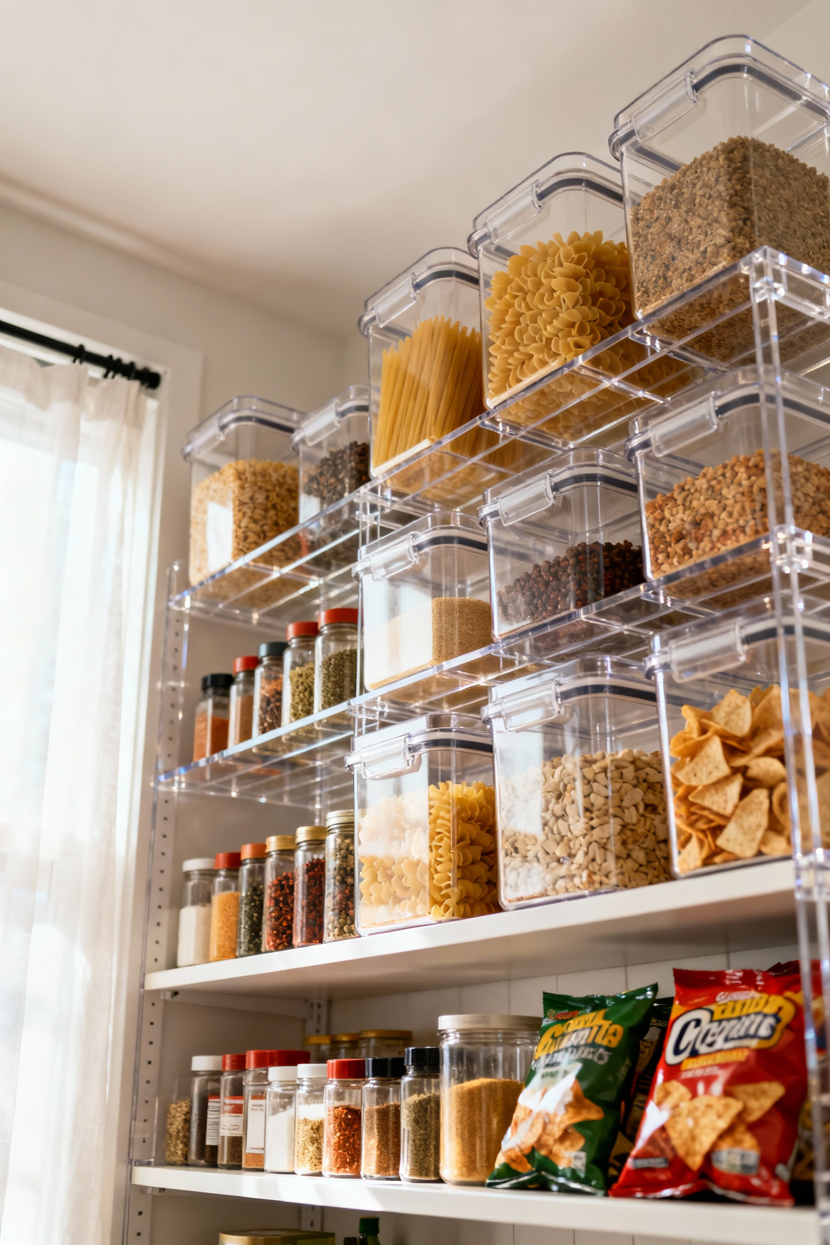 Organized apartment pantry with clear bins for dry goods and tiered shelf organizers for spices and canned goods, showcasing efficient space use.