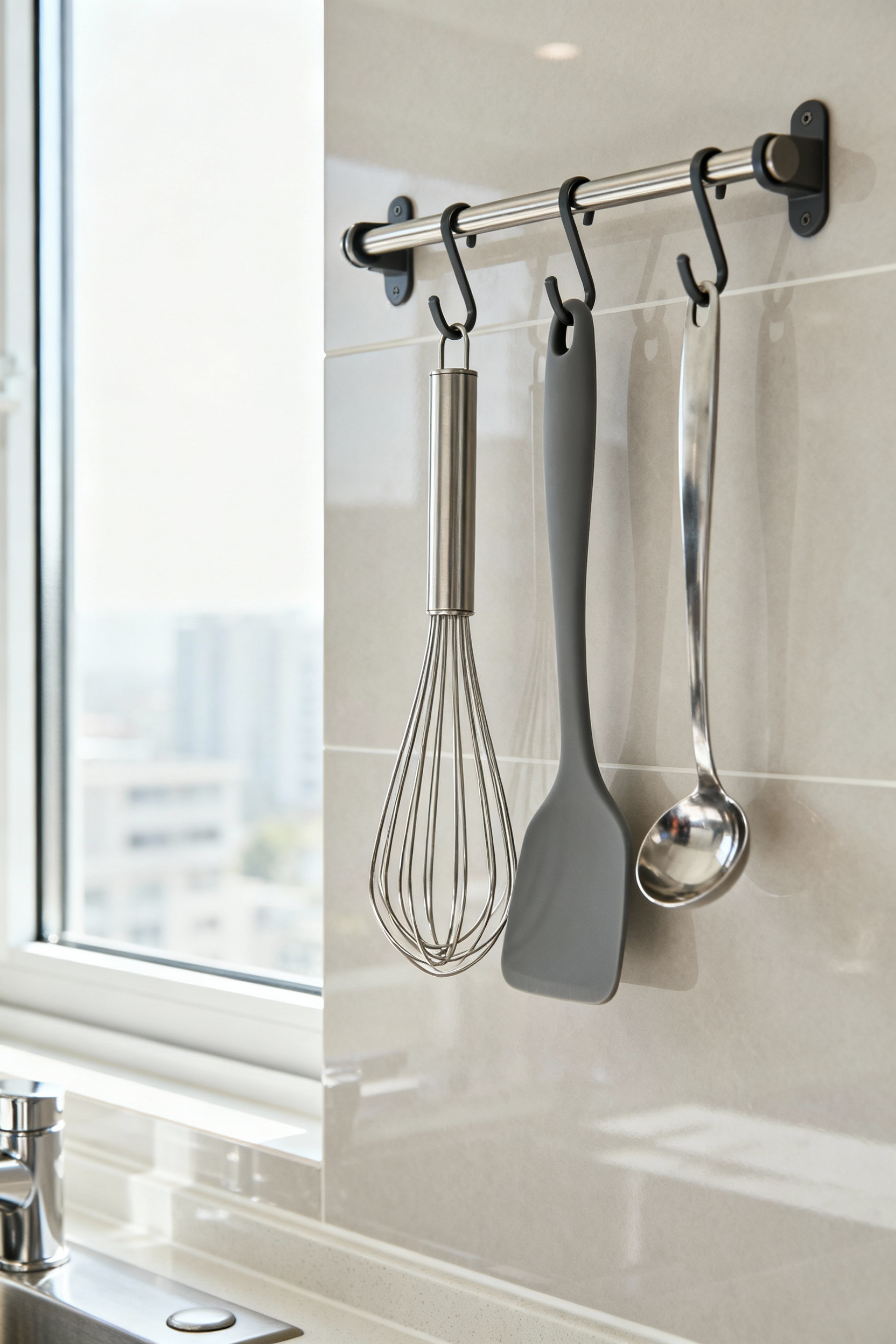 Damage-free kitchen utensil storage with white Command hooks and rail on white tile backsplash holding whisk, spatula, and ladle.