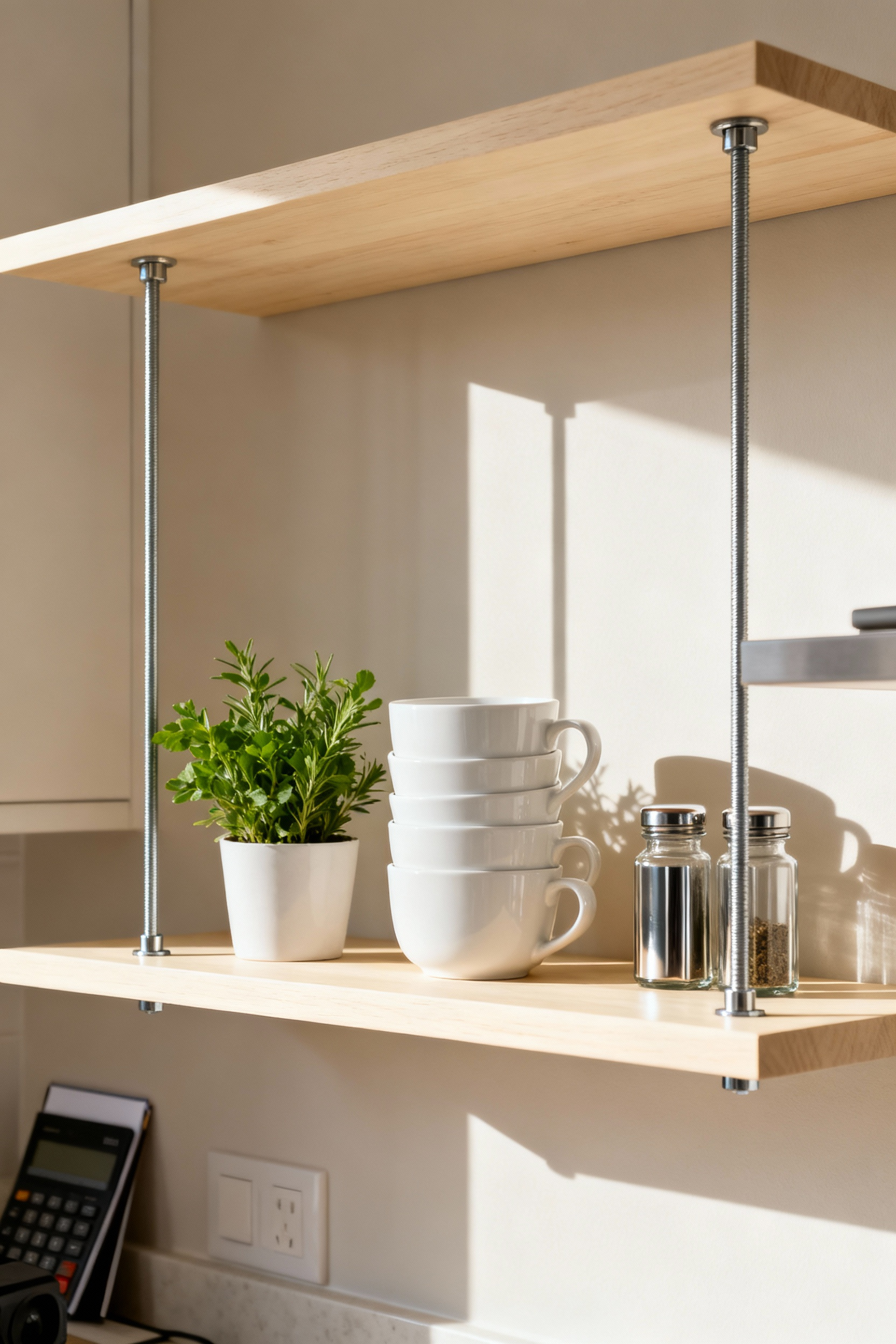 DIY tension rod open shelves in rental kitchen styled with white mugs, herb plant, and spice jars, showcasing drill-free storage.