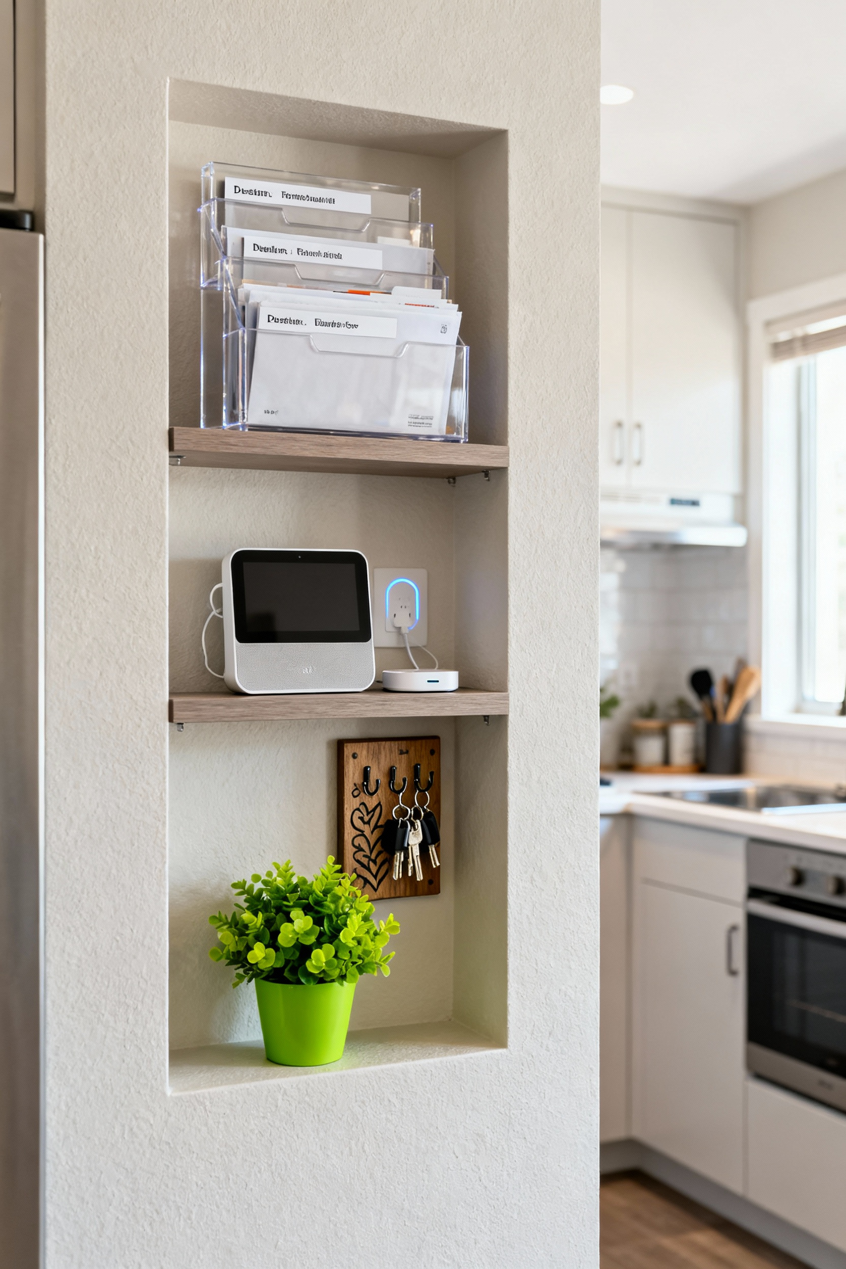 Kitchen niche transformed into sleek command center with mail slots, phone charging, and key hooks using renter-friendly shelving.