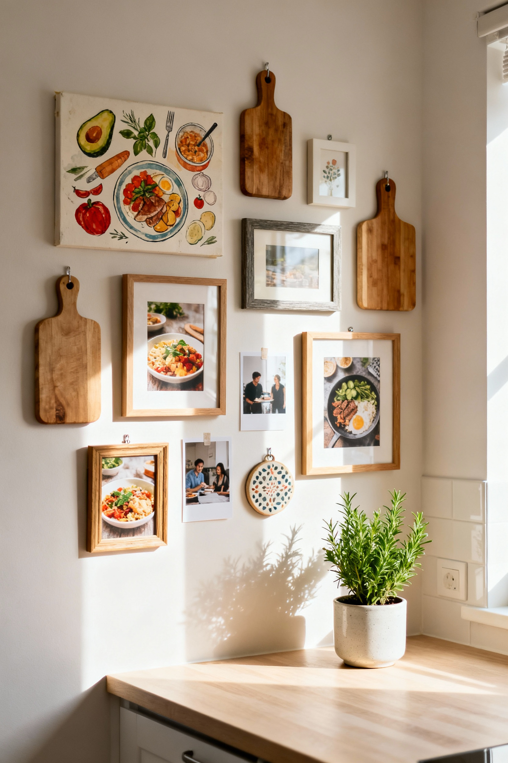 Apartment kitchen with curated gallery wall of culinary art prints and personal photos, showcasing renter-friendly decor.