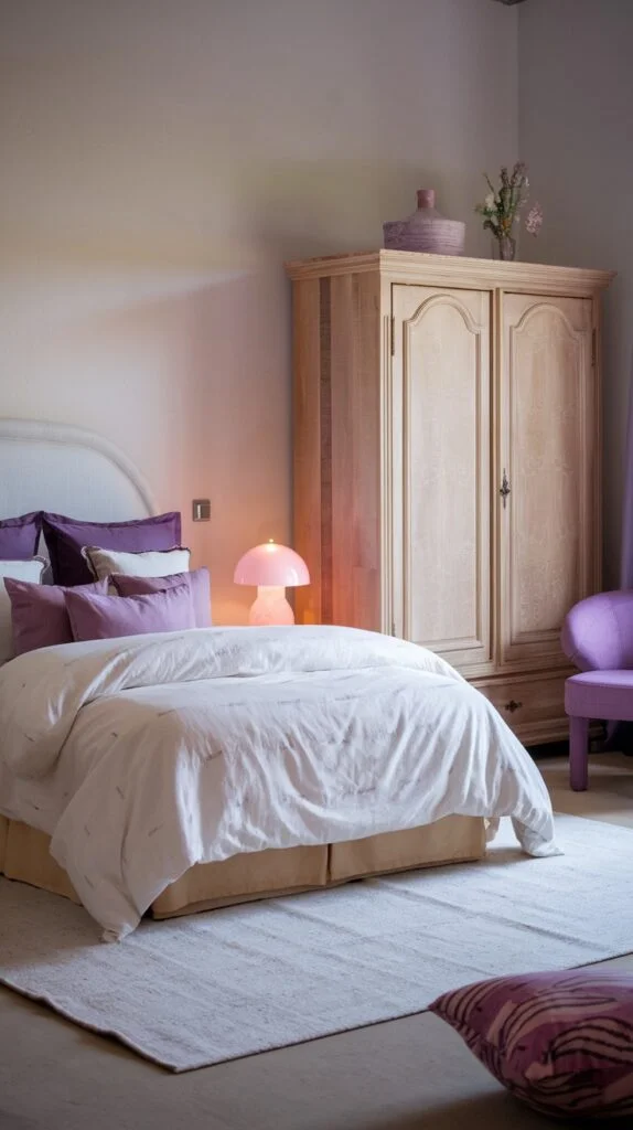 Bedroom with soft purple accents, white bed, wooden wardrobe, and pink mushroom lamp.