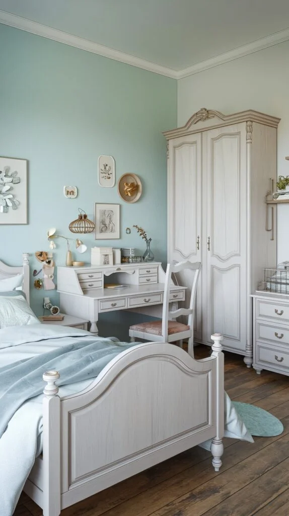 Bedroom with white wooden furniture, mint green walls, and classic decor.