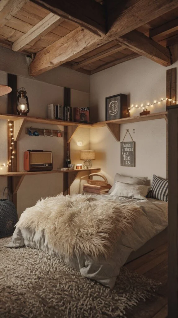 Cozy bedroom with exposed wooden beams, fluffy beige throw, string lights, and rustic shelves.