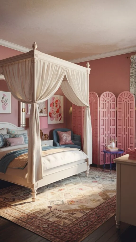 Bohemian bedroom with deep pink walls, white four-poster bed, pink room divider, and patterned rug.