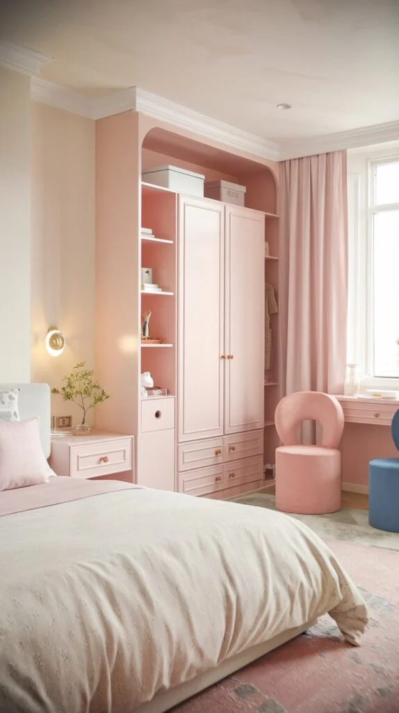 Monochromatic pink bedroom with built-in wardrobe, shelving, and velvet chair.