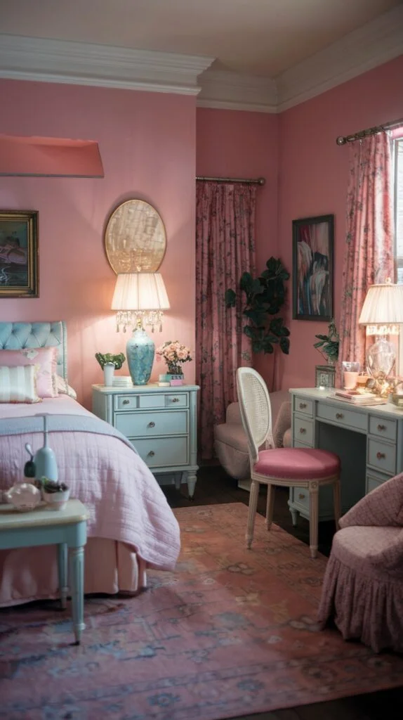 Traditional bedroom with pink walls, baby blue tufted bed, floral curtains, and ornate rug.