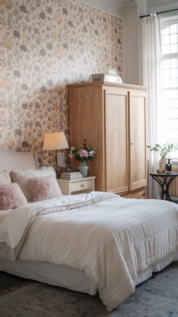 Bedroom with floral wallpaper accent wall, wooden wardrobe, light bedding, and pink pillows.