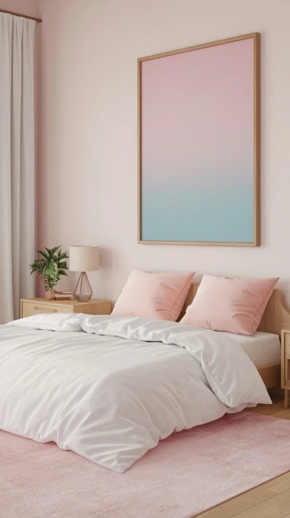Minimalist bedroom with pink walls, ombre art, wooden bed, and light pink bedding.