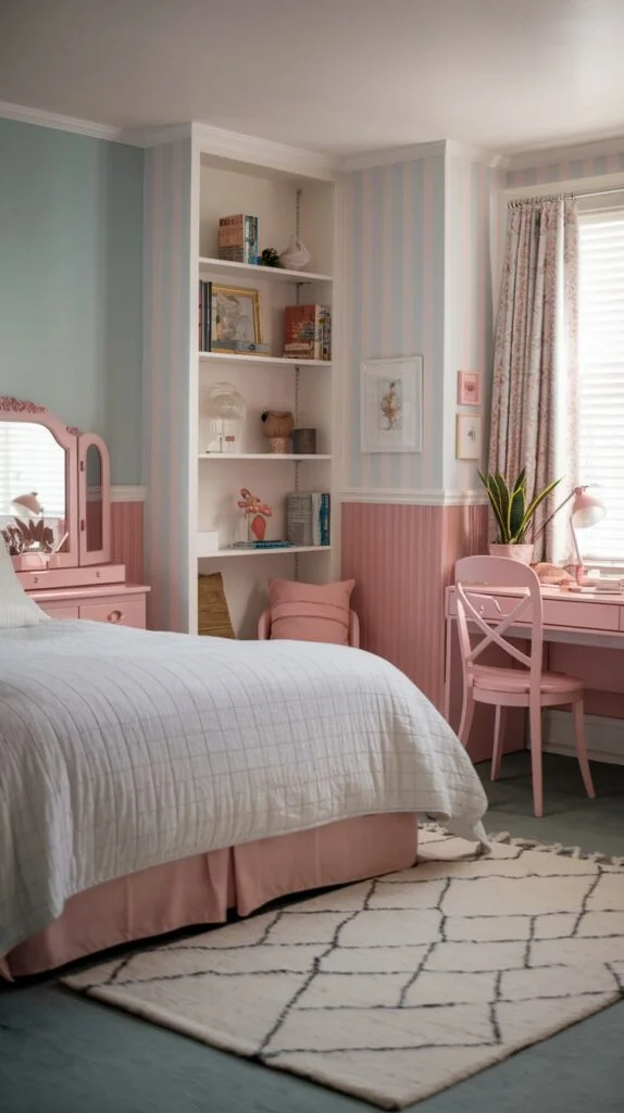 Playful bedroom with pink and light blue striped walls, pink bedding, vanity, and desk.
