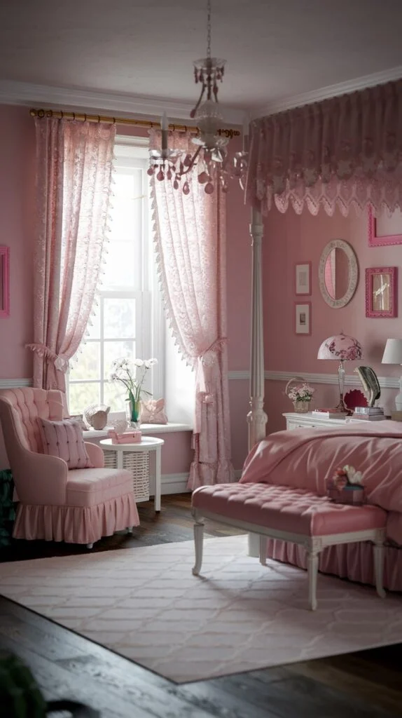 Elegant bedroom with pink walls, white four-poster bed, pink armchair, and crystal chandelier.