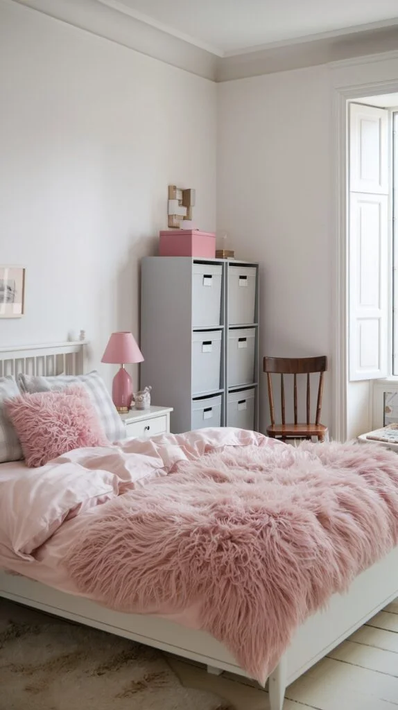 Bright bedroom with white walls, pink faux fur throw, grey storage unit, and pink bedside lamp.