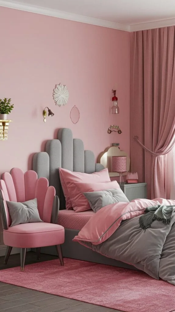 Modern bedroom with pink walls, grey upholstered headboard, pink scallop armchair, and geometric rug.
