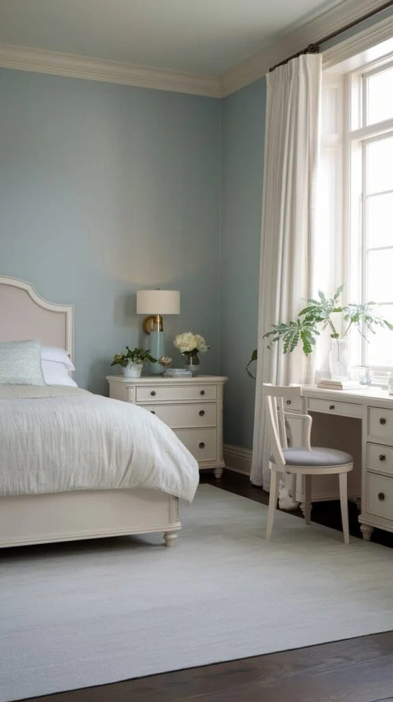 Classic bedroom with light blue walls, cream upholstered bed, white nightstand, and desk.
