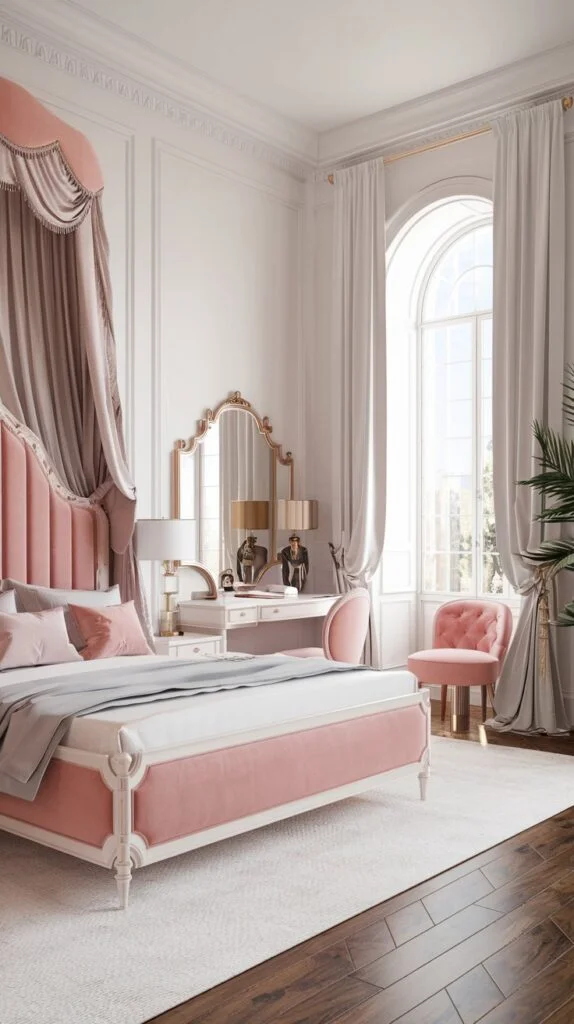 Luxurious bedroom with pink velvet bed, ornate vanity, pink armchair, and arched window.