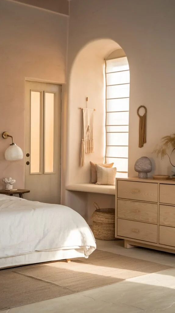 Warm bedroom with beige walls, wooden dresser, white bedding, and arched window.