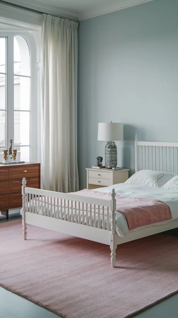 Serene bedroom with light blue walls, white spindle bed, pink throw, and white nightstand.