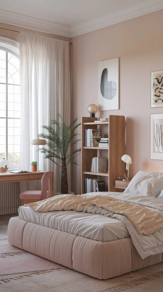 Contemporary bedroom with pink walls, upholstered bed, wooden bookshelf, desk, and arched window.