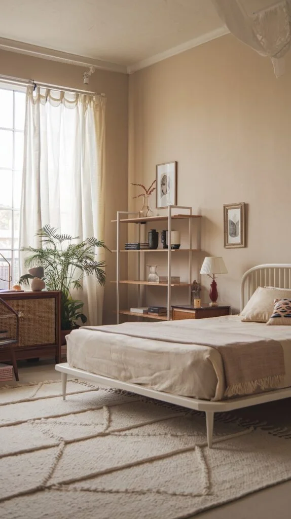 Minimalist bedroom with white metal bed, rattan dresser, open shelving, and large window.