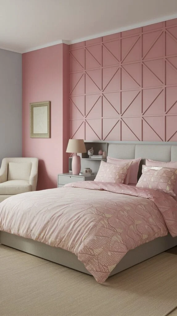 Modern bedroom with geometric pink accent wall, grey upholstered bed, patterned bedding, and grey armchair.