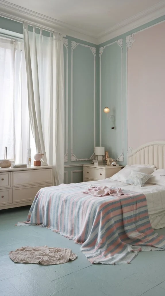 Chic bedroom with split pastel pink and blue walls, ornate molding, white bedding, and sheer curtains.