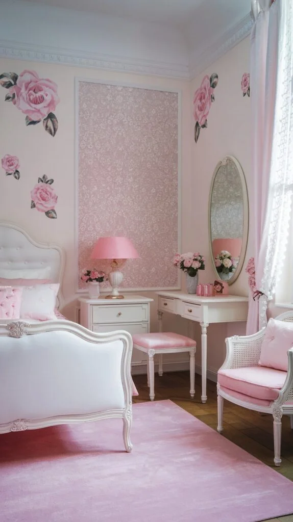 Elegant bedroom with rose wall decals, white upholstered bed, pink vanity, and soft pink rug.