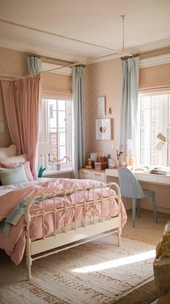 Patterned bedroom with beige walls, white metal bed, pink and blue curtains, white desk, and blue chair.