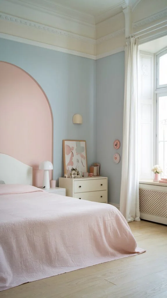 Modern bedroom with light blue wall, pink arched accent behind white bed, white nightstand, and large window.