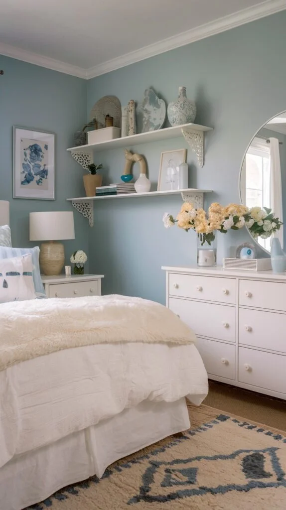 Coastal bedroom with light blue walls, white bed, white shelves with decor, and white dresser.