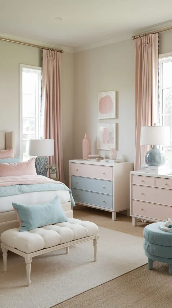 Sophisticated bedroom with neutral walls, pink and blue accents, mixed bedding, pink curtains, and colorful dresser.
