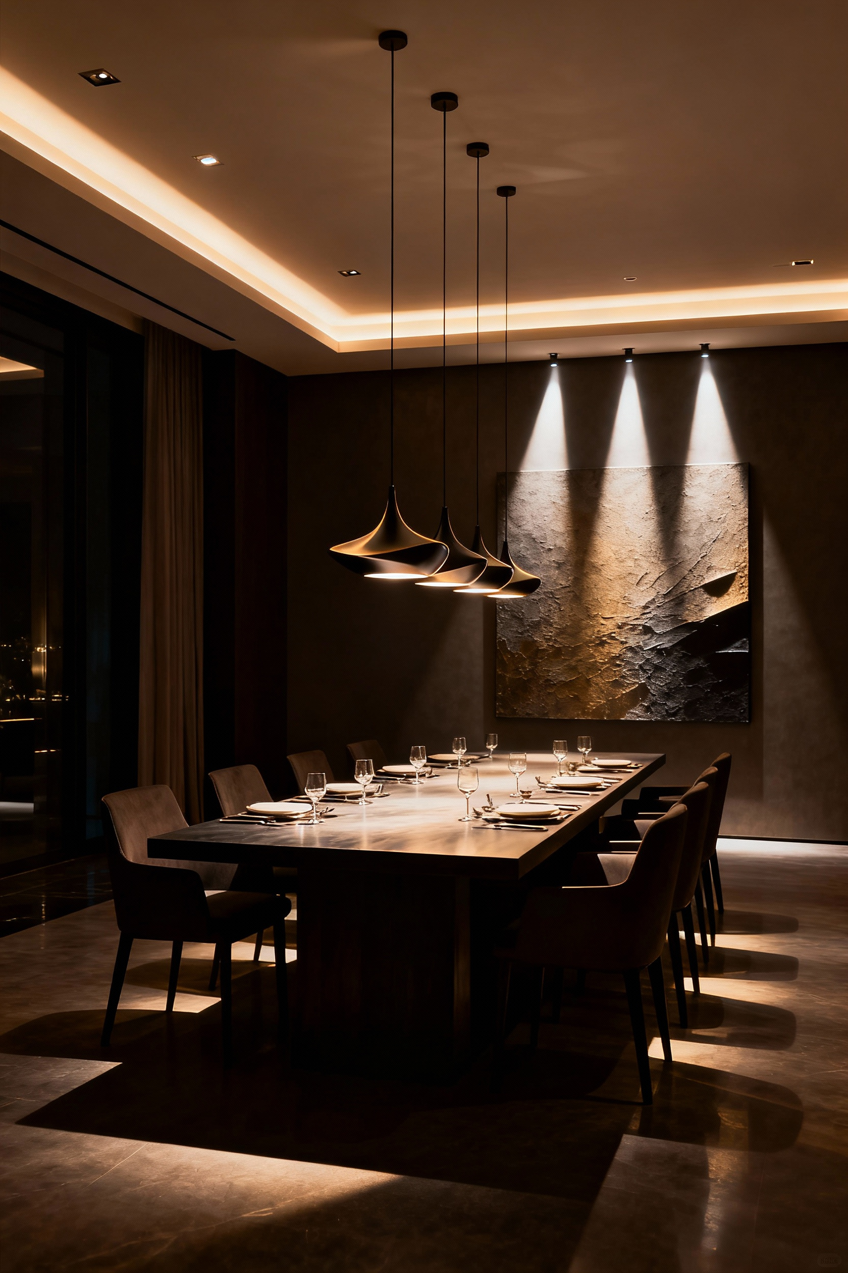 Luxury dining room featuring sophisticated layered lighting with ambient cove lights, pendant task lighting, and accent spotlights on decor.