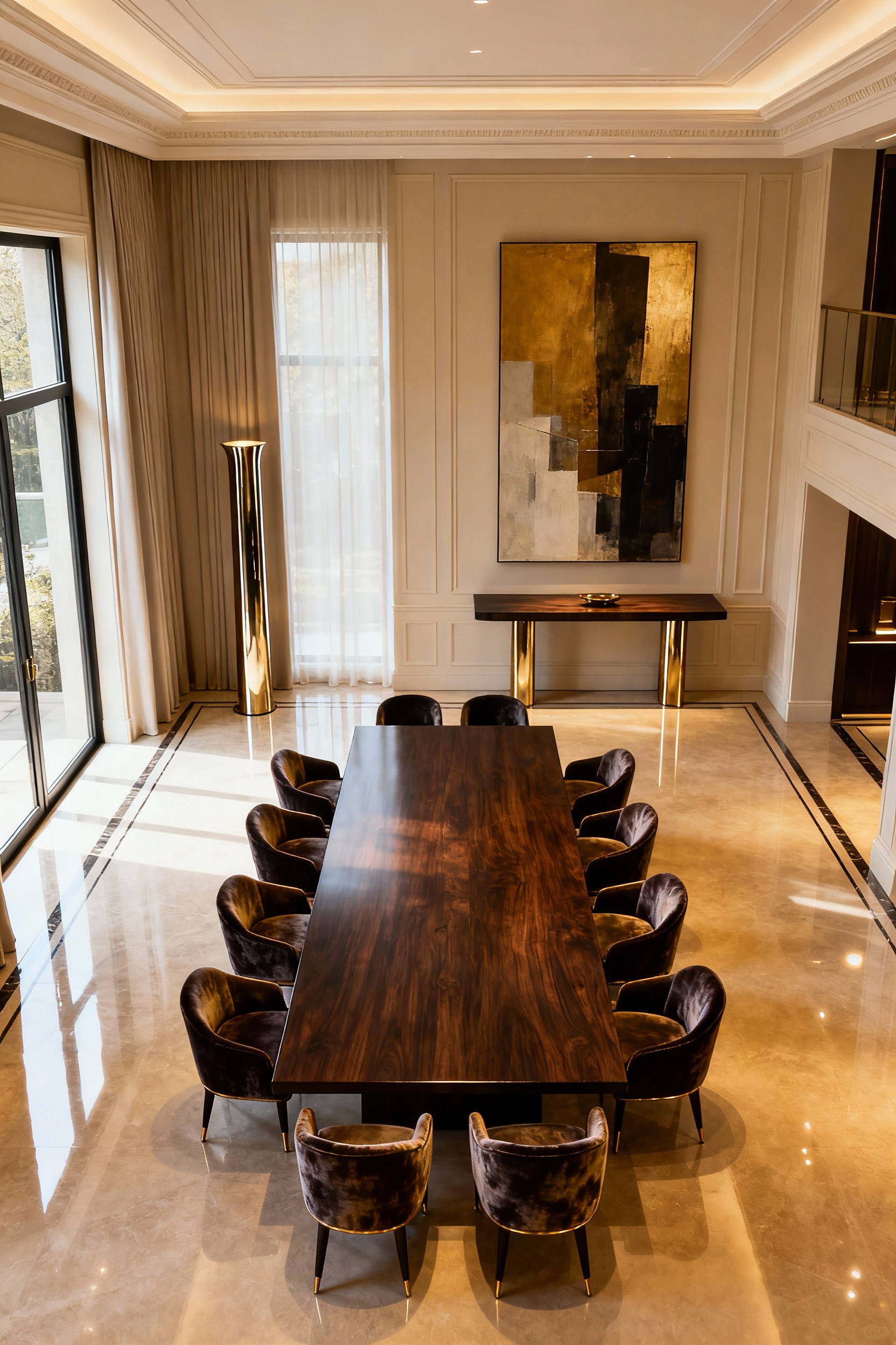 Luxurious dining room demonstrating perfect proportionate balance with well-scaled furniture and natural lighting.