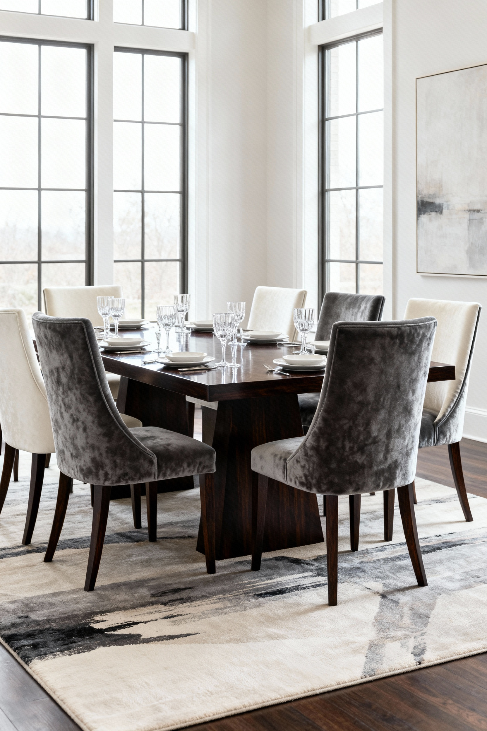 Luxury dining room with velvet upholstered ergonomic chairs around a polished dark wood table, designed for comfort and cohesion.