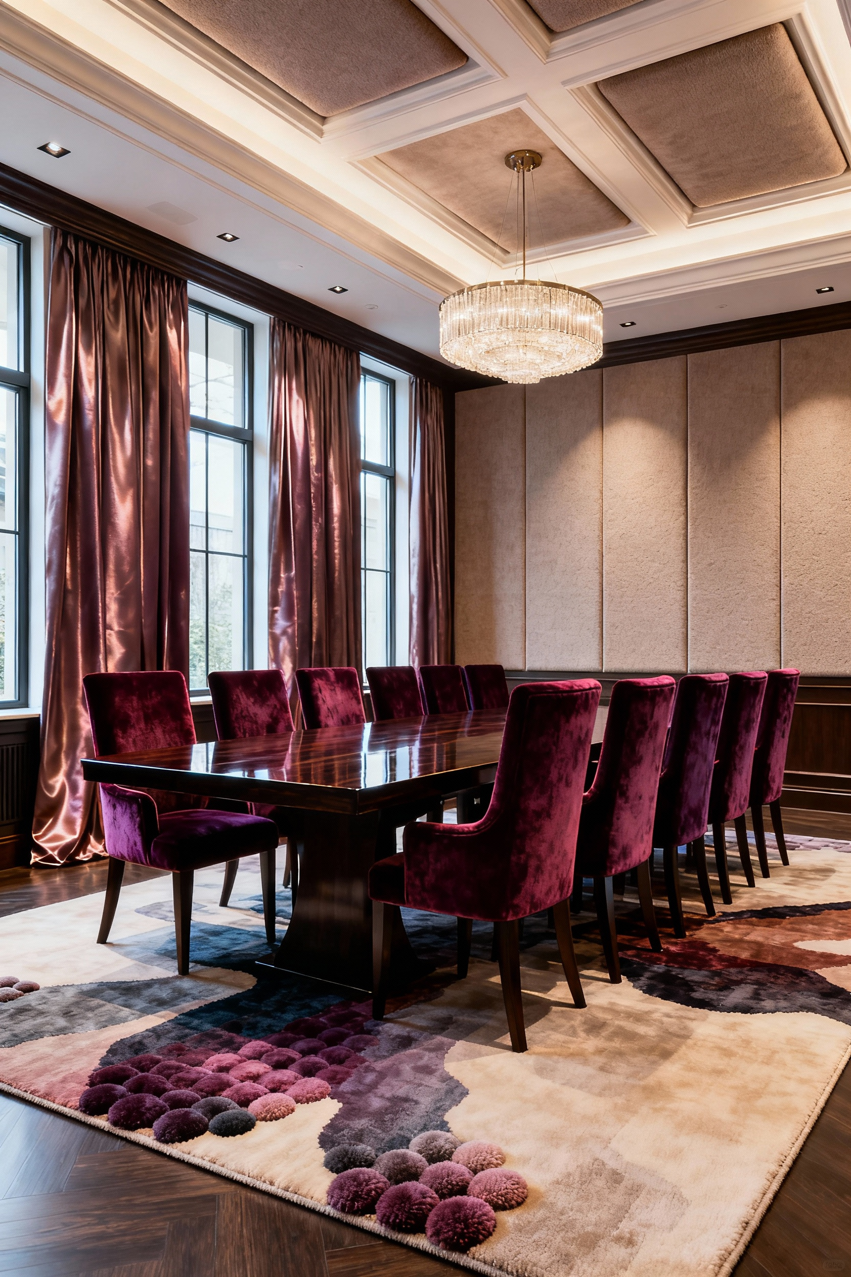 Luxury dining room with acoustic treatments including heavy drapes, upholstered chairs, thick rug, and ceiling panels creating a serene atmosphere.