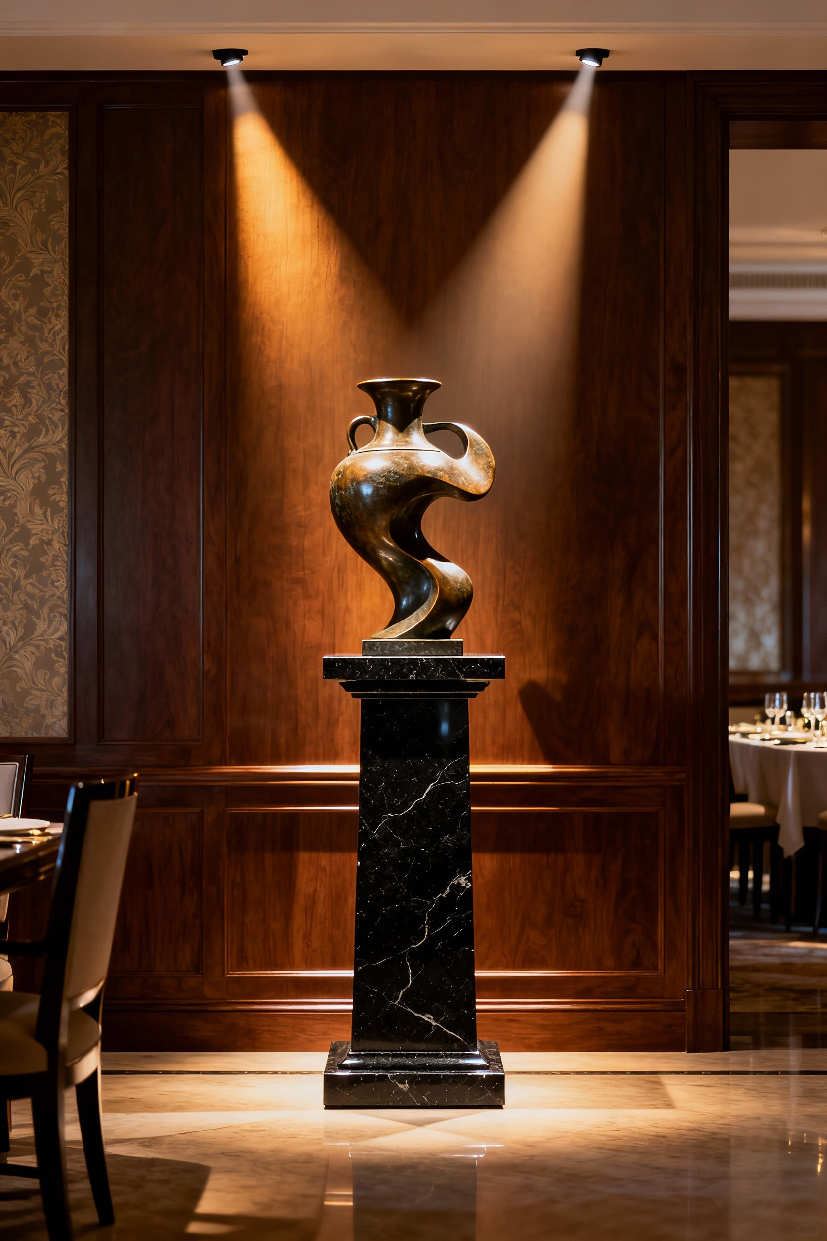 Luxury dining room with black basalt pedestal displaying sculptural art, illuminated by concealed LED spotlights creating dramatic effects.