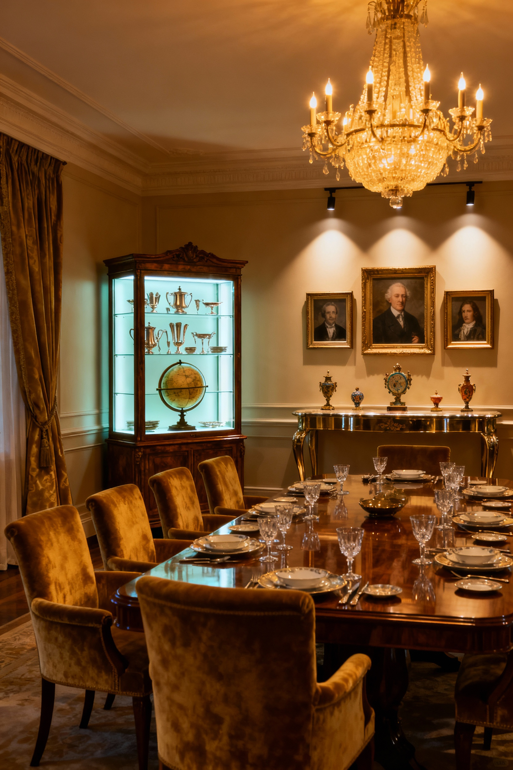 Luxury dining room with antique heirlooms displayed in a vitrine, bespoke furniture, and warm ambient lighting.