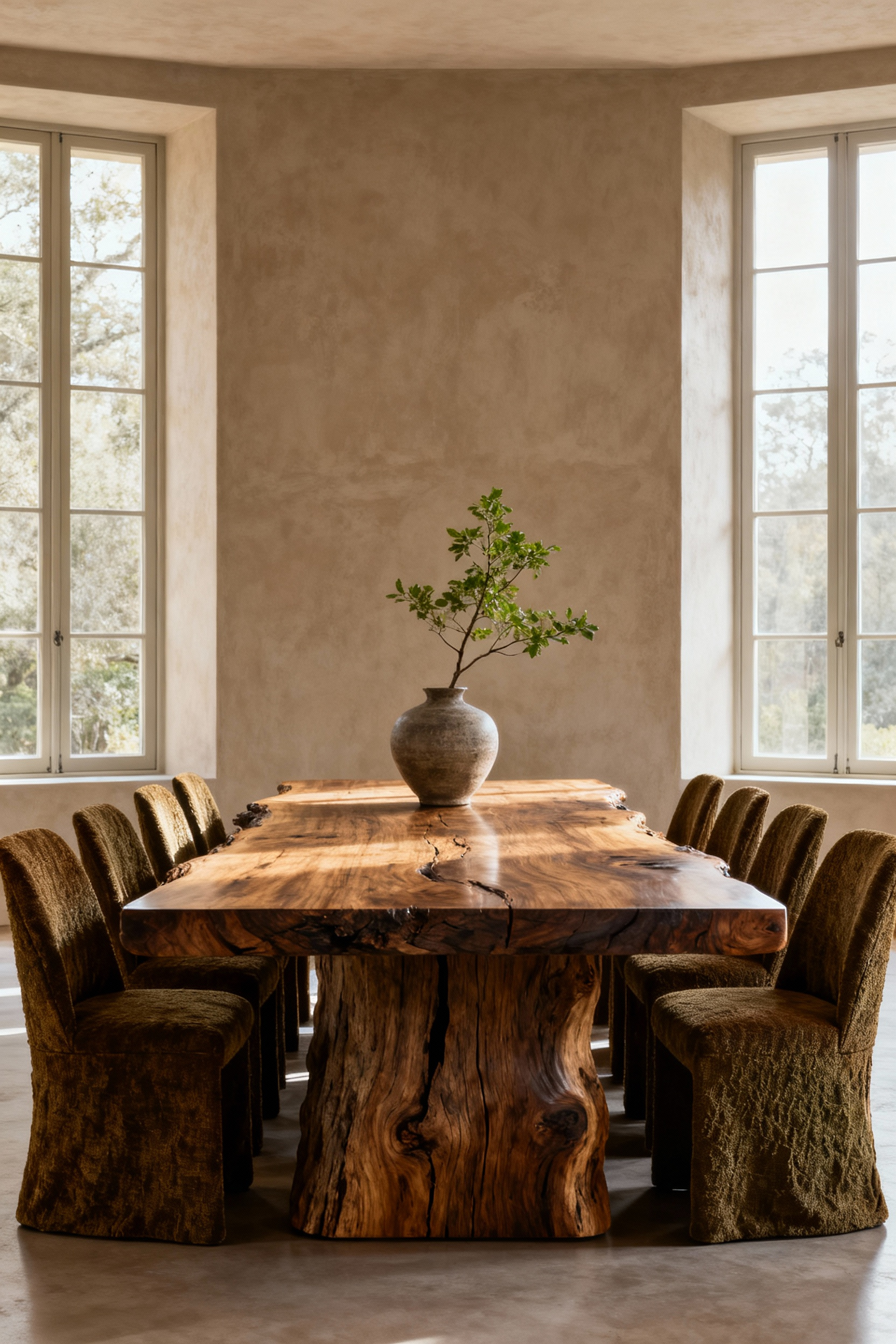 Luxury dining room with reclaimed oak table and nettle fabric chairs, showcasing sustainable design and ethical sourcing.