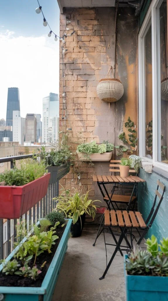 A tiny apartment balcony with a brick wall adorned with string lights and a hanging decorative basket. It features a wooden table and two chairs, along with colorful red and teal planters filled with various succulents and other greenery.