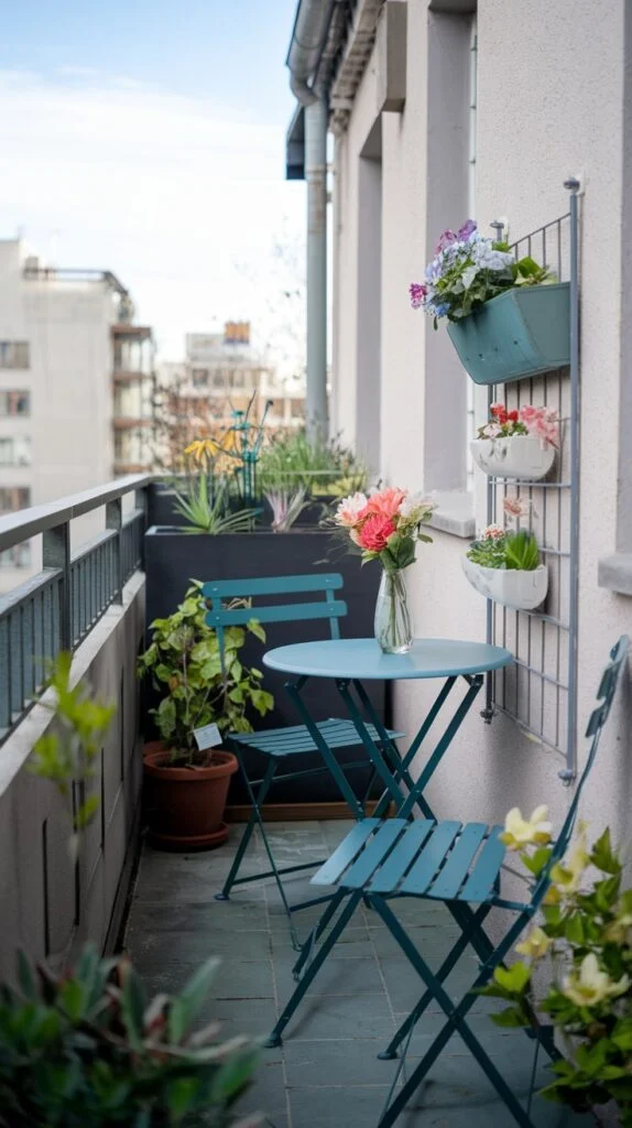 A tiny apartment balcony showcasing teal metal table and chairs, complemented by a vertical garden system on the wall with teal and white planters filled with colorful flowers. A vase of fresh flowers sits on the table.