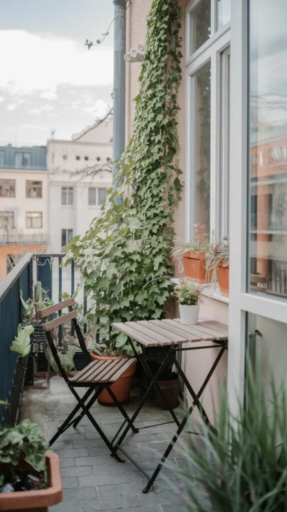 A tiny apartment balcony where lush ivy climbs the side of the building, creating a natural backdrop. It is furnished with a narrow wooden table and a folding chair, surrounded by various potted plants on the tiled floor.