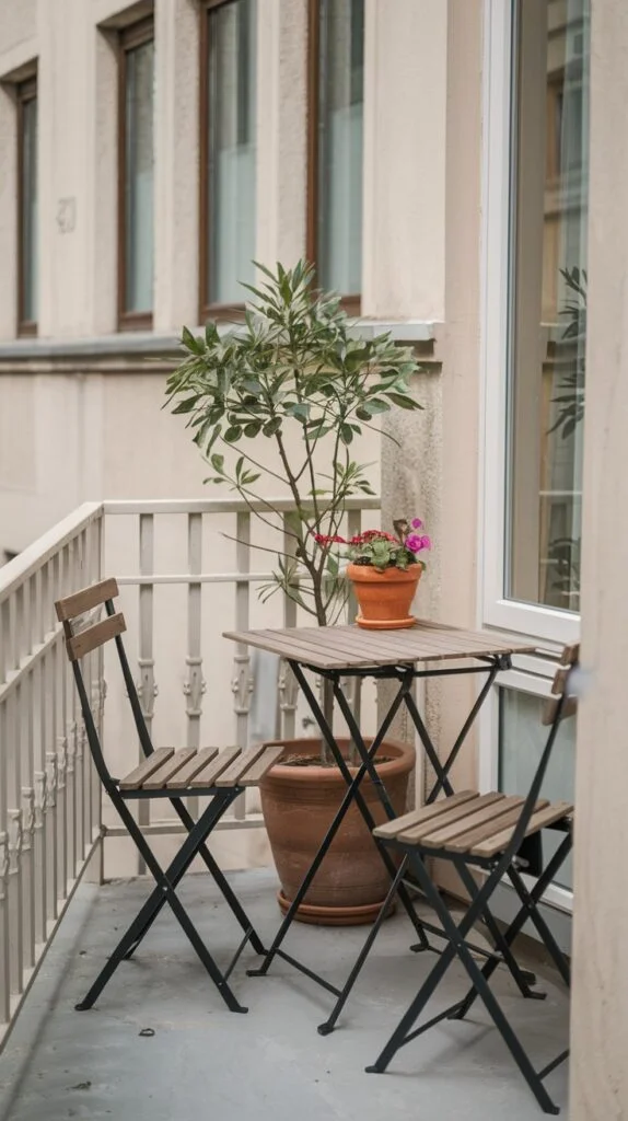 A serene tiny apartment balcony with a white railing, featuring a small tree in a large terracotta pot as a central element. A wooden folding table and two matching chairs create a simple yet elegant seating arrangement.