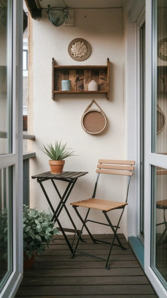 A cozy tiny apartment balcony with open doors leading outside. The wall features a wooden shelf and a round decorative hanging. A small black table and a light wood folding chair are set on the wooden floor, with a potted plant nearby.