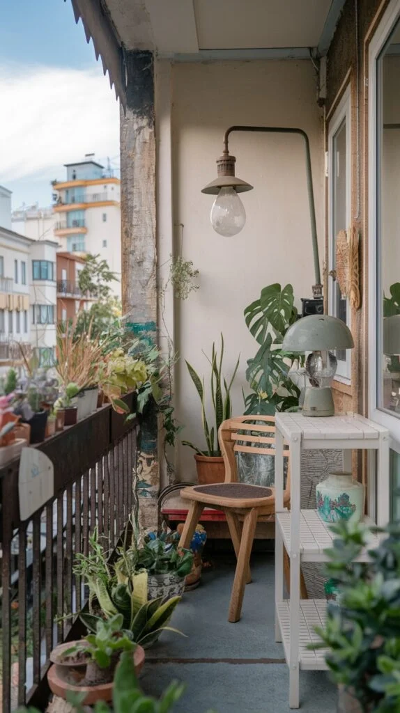 A lush tiny apartment balcony garden filled with a variety of potted plants. It includes a wooden stool, a white shelving unit, an industrial-style wall lamp, and a vintage table lamp for eclectic lighting.