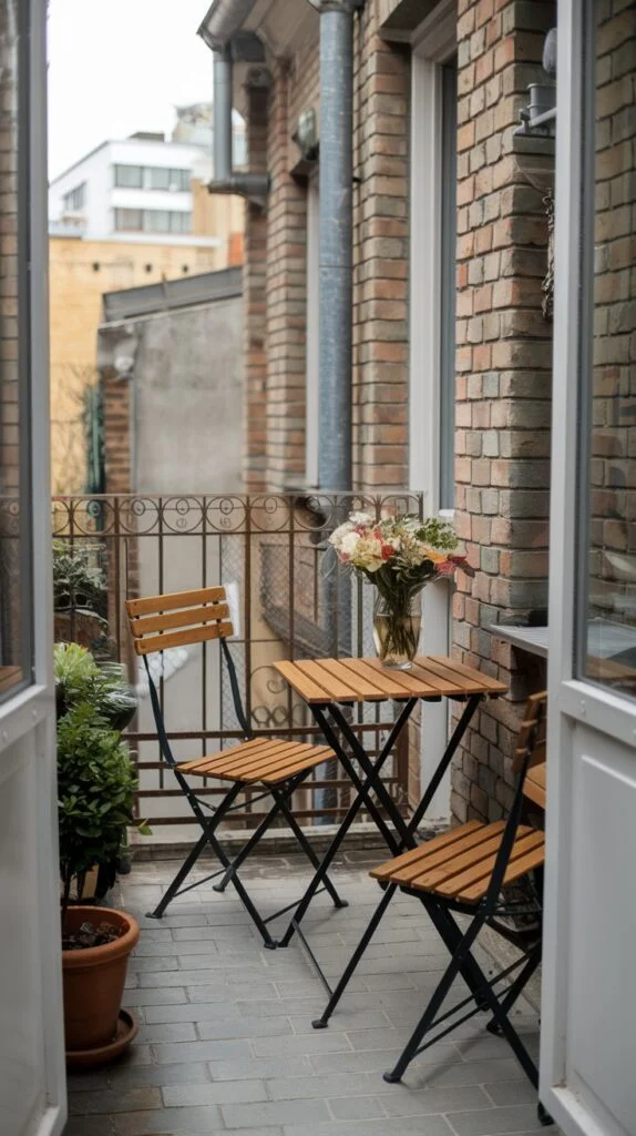 A charming tiny apartment balcony with a view of a brick building and an ornate metal railing. It is set with a wooden table and two chairs, adorned with a vase of colorful flowers.