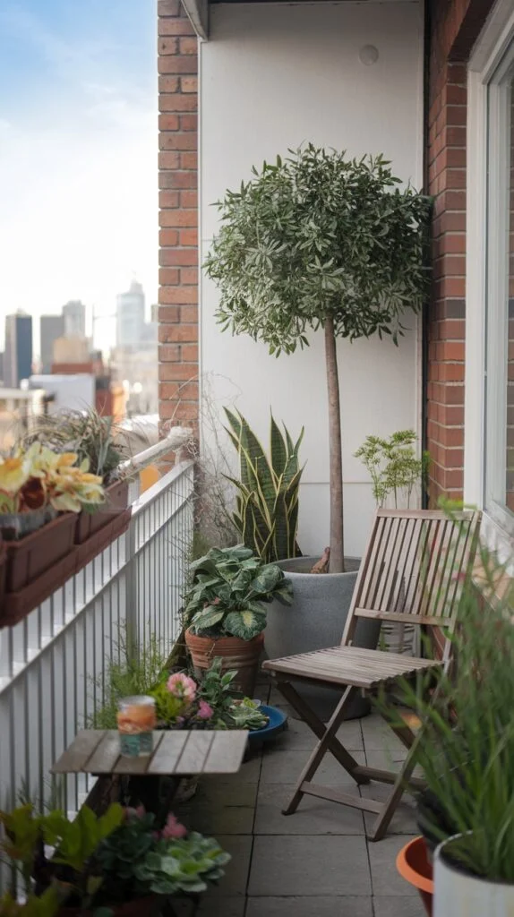 An urban tiny apartment balcony garden centered around a large potted tree, surrounded by various other plants in different pots. A small wooden table and a wooden folding chair provide a seating area next to a brick wall.