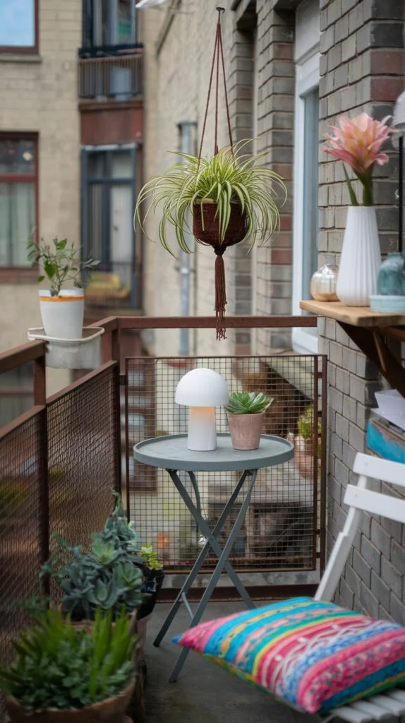A modern tiny apartment balcony with a spider plant in a macrame hanger. A small round grey table holds a mushroom-shaped lamp and succulents, while a chair features a brightly colored striped pillow.