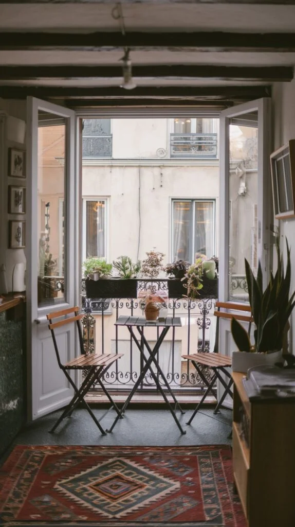 A Parisian-inspired tiny apartment balcony seen through open doors, featuring an ornate metal railing adorned with potted plants and flowers. A small table with a decorative base and two wooden chairs complete the intimate setting.