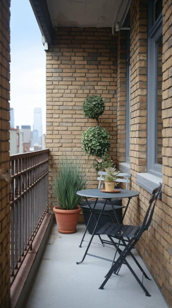 A structured tiny apartment balcony garden against a brick wall, featuring two shapely topiary plants and tall grasses in terracotta pots. It is furnished with dark metal folding chairs and a matching round table.